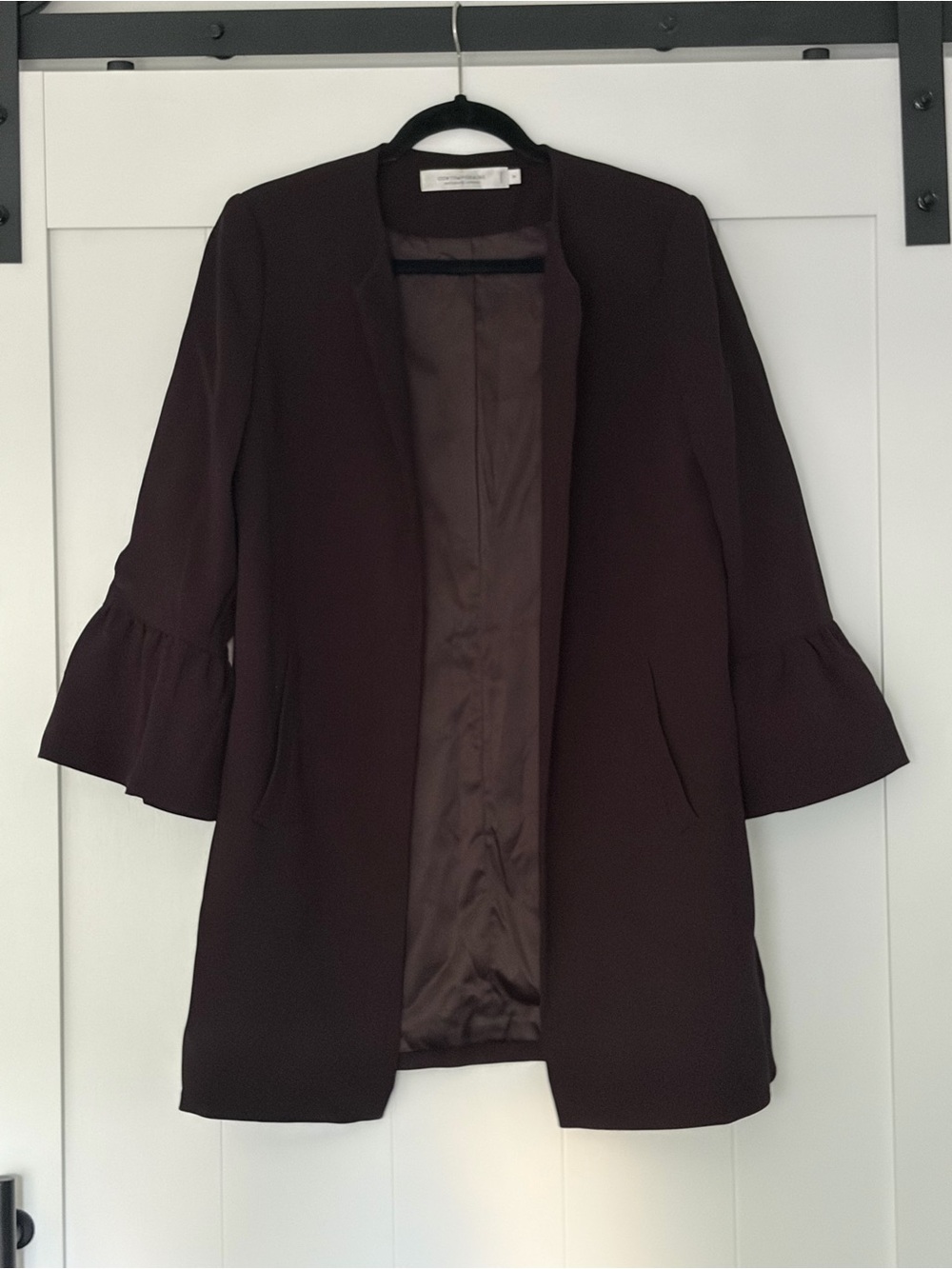 Women's Open-Front Ruffle-Sleeve Coat in black